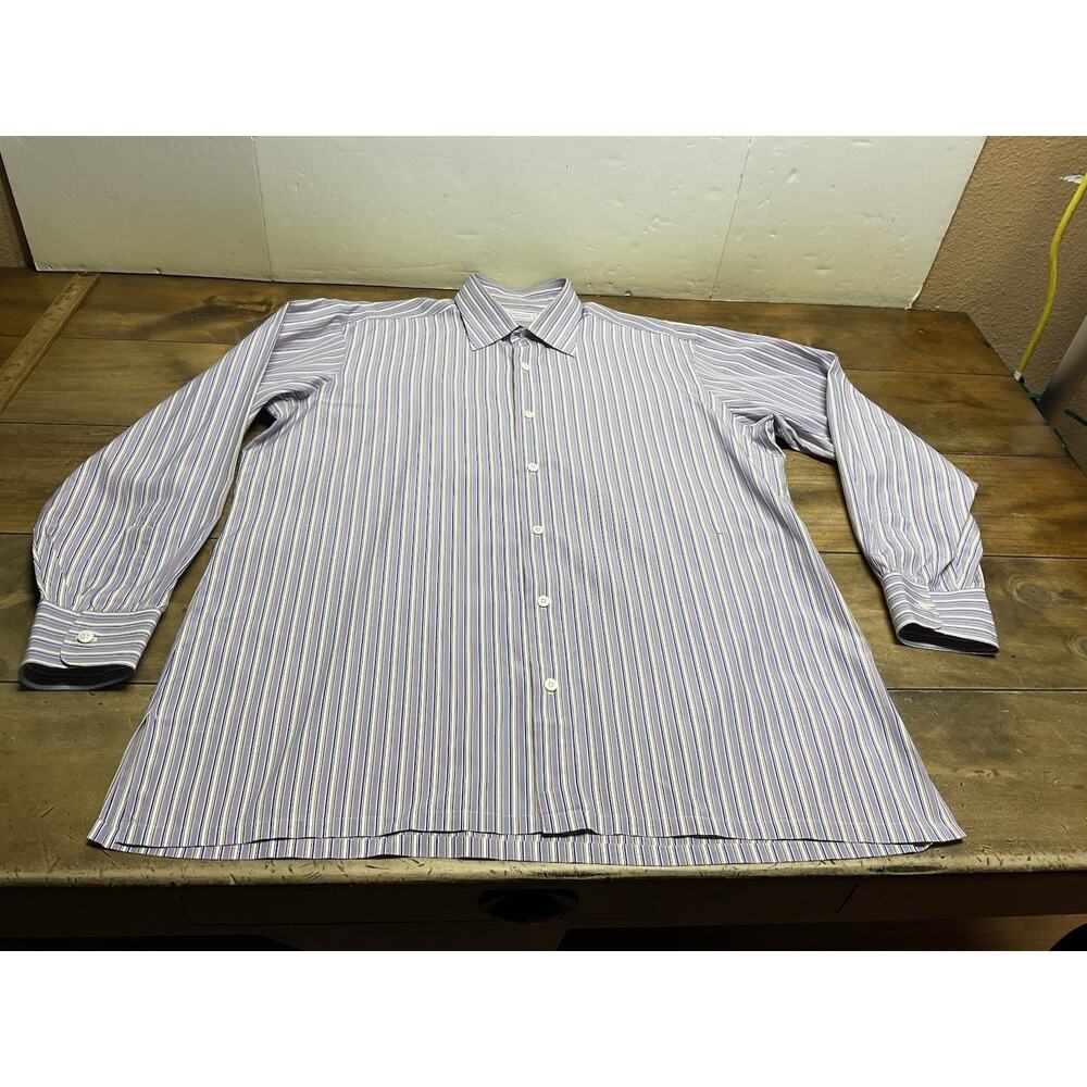 Charvet Shirt Mens 16.5/42 Purple Stripe Classic Long Sleeve Dress FLAWS